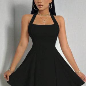 Midnight Charm Halter Skater Dress – Classic Black