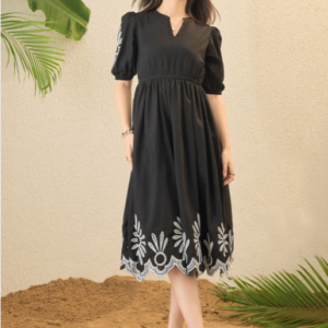 Ebony Grace Embroidered Midi Dress – Black & White