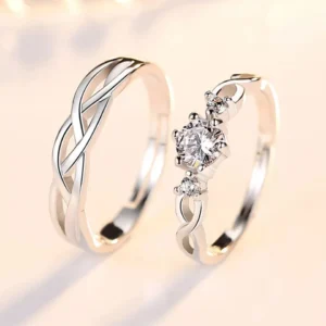 Eternal Sparkle Couple Ring Set – Silver Crystal Adjustable Rings