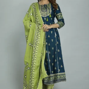 Royal Heritage Printed Kurta Set – Teal & Lime Green
