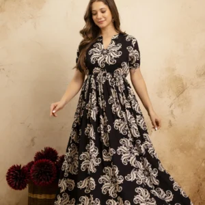 Noir Bloom Printed Maxi Dress – Black & Beige
