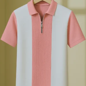 Urban Panel Zip Polo T-Shirt – Peach & Off-White