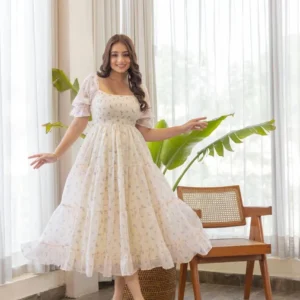 Ivory Meadow Floral Midi Dress – Cream Pastel